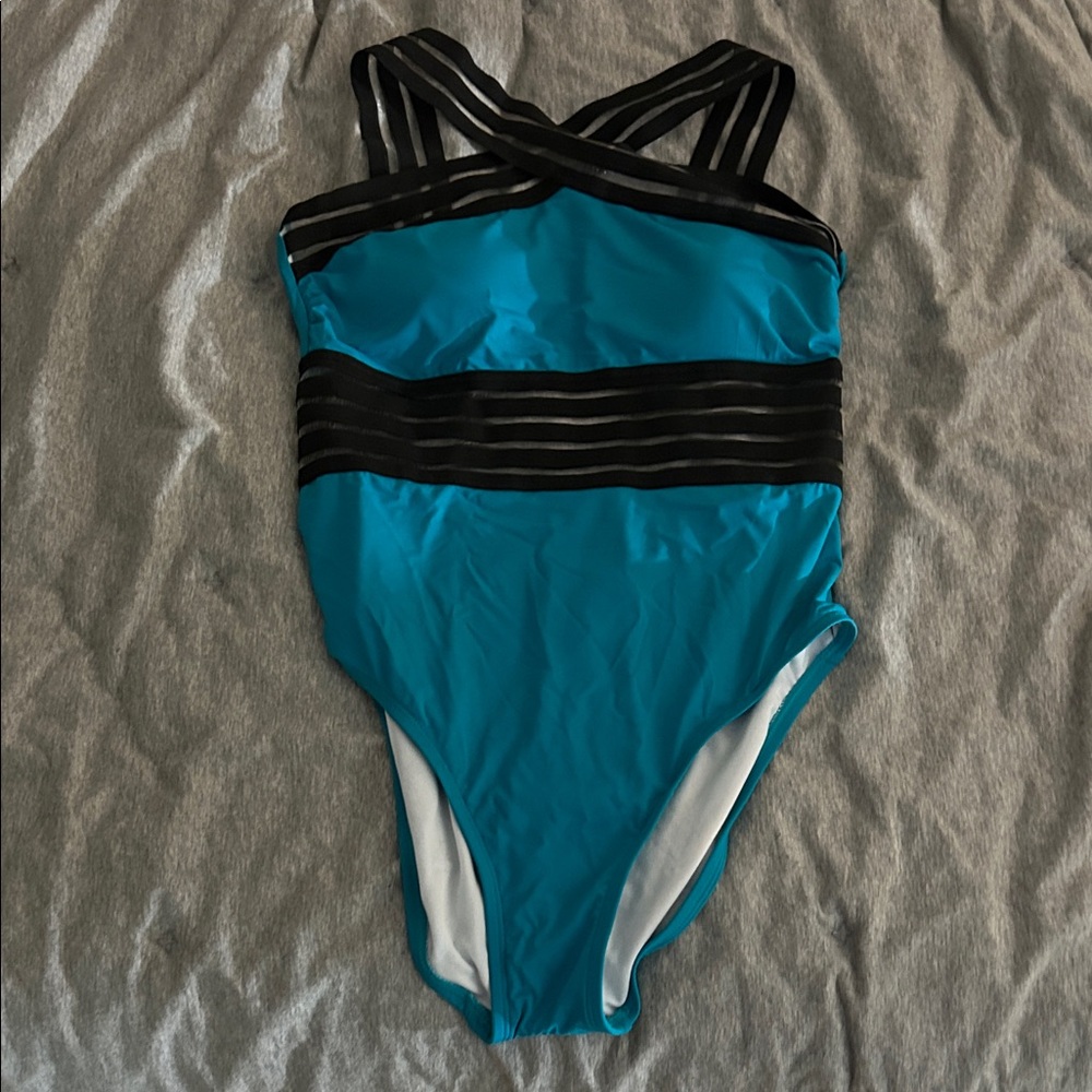 Teal One-Piece Swimsuit with Black Mesh Straps